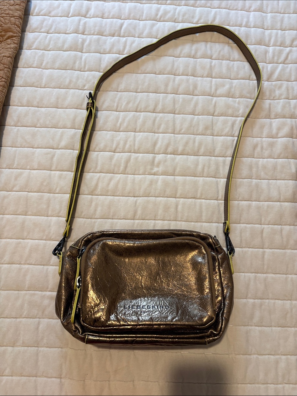 Liebeskind Metallic Bronze Crossbody with Yellow-Trim Strap